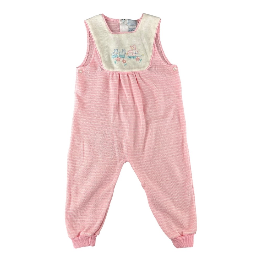 Vintage All‎ Mine Baby Girls Pink Striped Romper Bunny Embroidery Size 24 Months